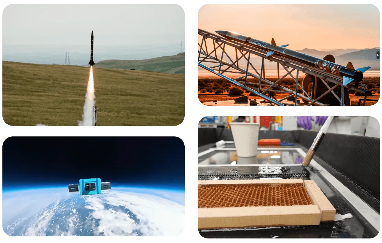 Photos from the Karman Space Programme: a rocket launching, test rig hardware, Earth seen from altitude and workshop assembly