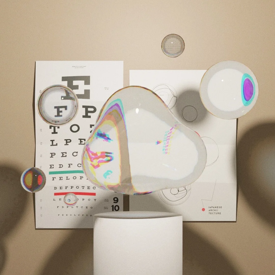 Rendered glass bubbles in front of an eye chart