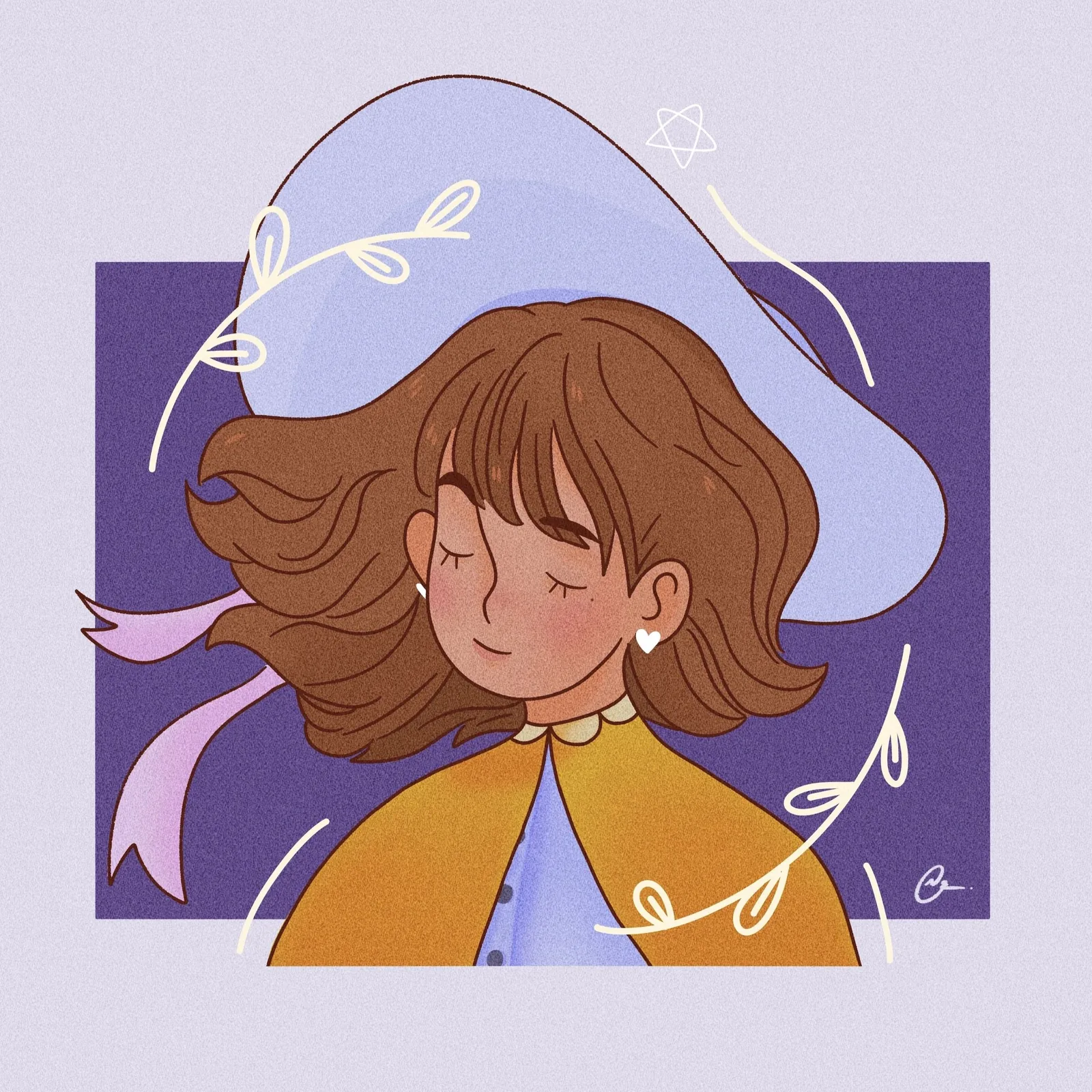 Illustration of a girl with closed eyes wearing a large blue hat on a purple background