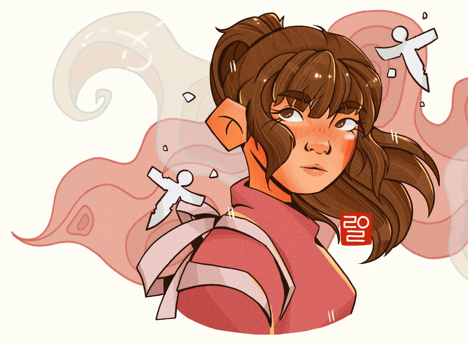 Illustration of a girl with brown hair and a pink scarf among soft smoke-like shapes