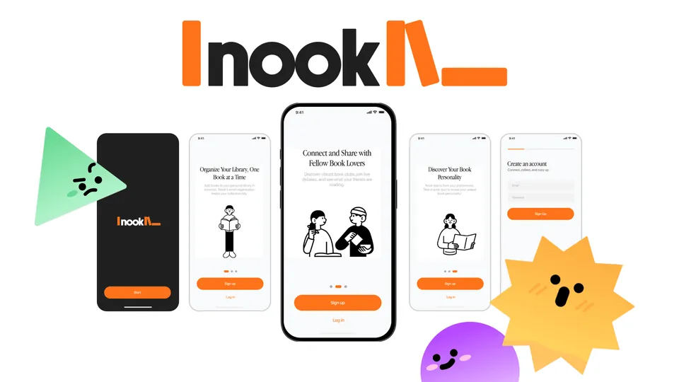 Nook reading app on a phone held in a hand, with illustrated characters